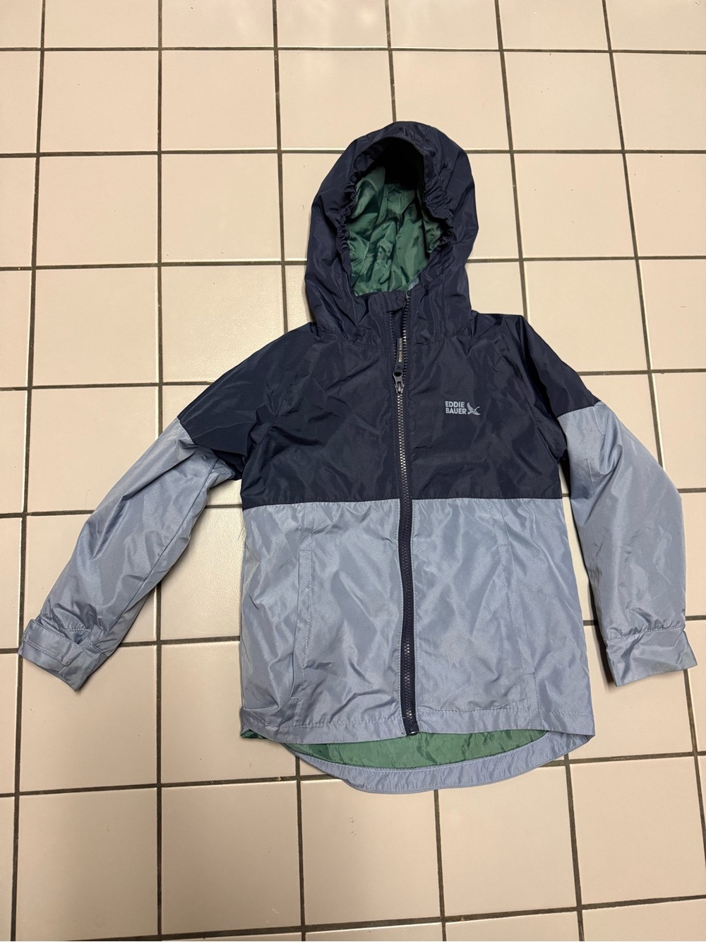 Eddie Bauer Navy, Light Blue & Green Hooded Kids Rain Jacket